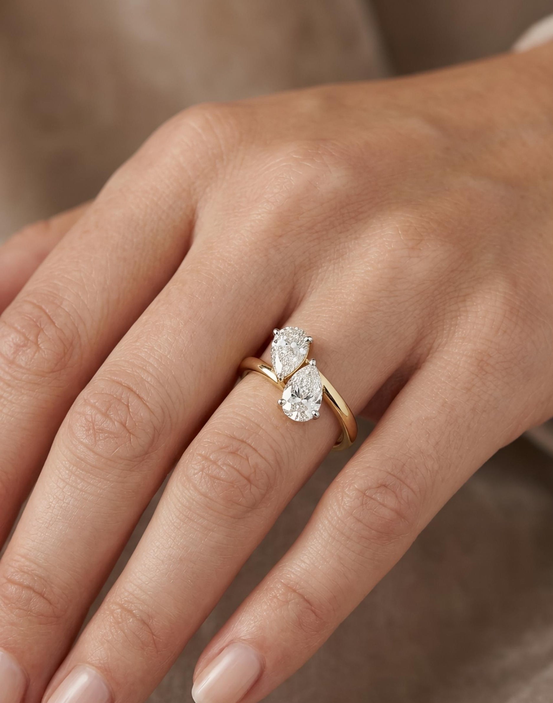 Side view of Theron Veil Pear Lab Diamond Toi Et Moi Ring in 14K Yellow Gold - Fiona Diamonds