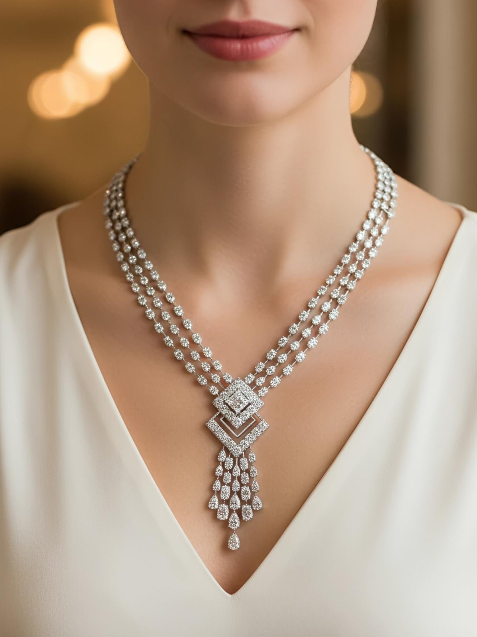 Side view of Celestial Dusk Princess Lab Diamond Designer Necklace in 18K White Gold - Fiona Diamonds