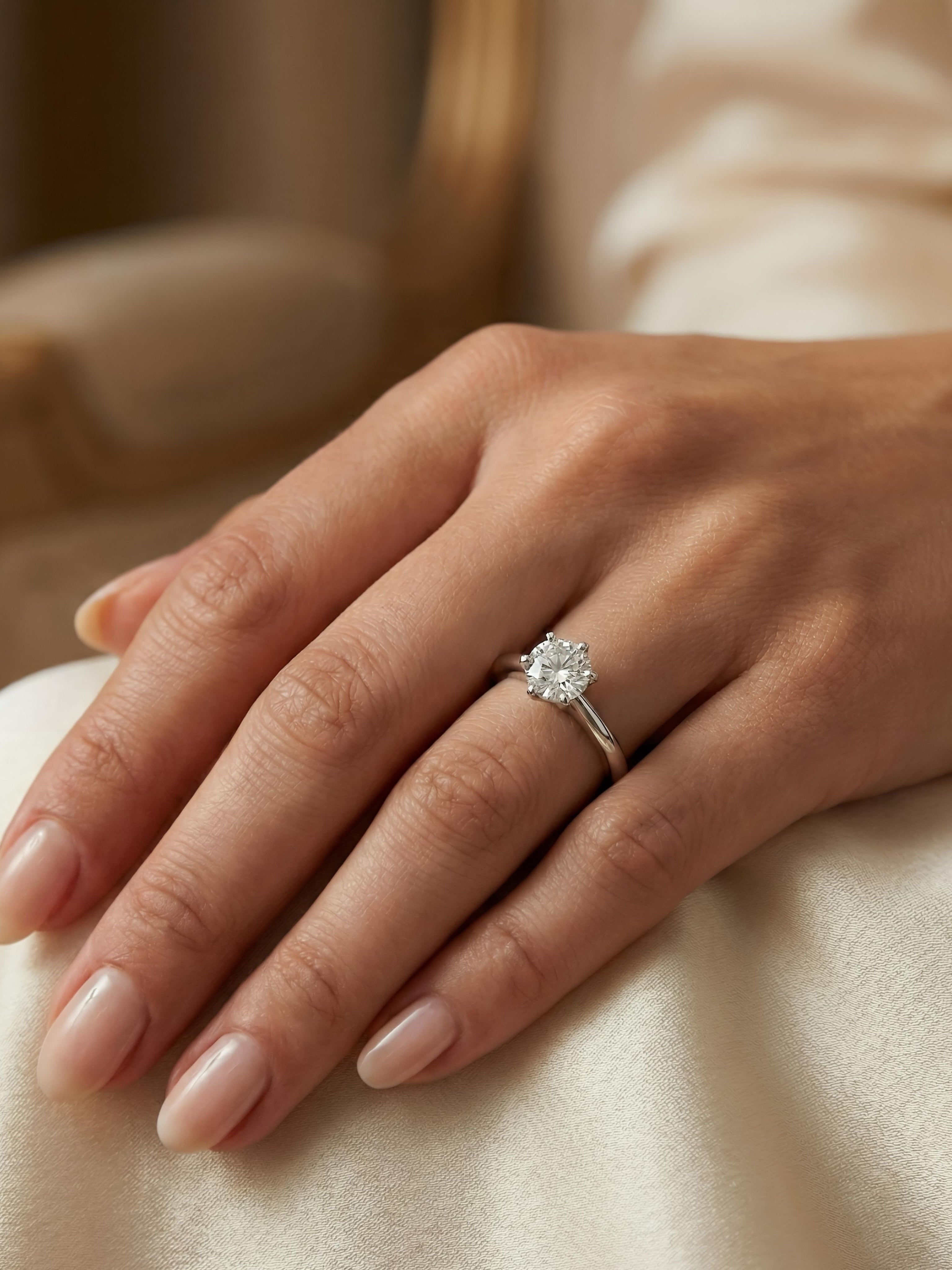Fiona Diamonds Zihan 50 Pointer Round Lab Diamond Classic Solitaire Ring in 18K White Gold on hand
