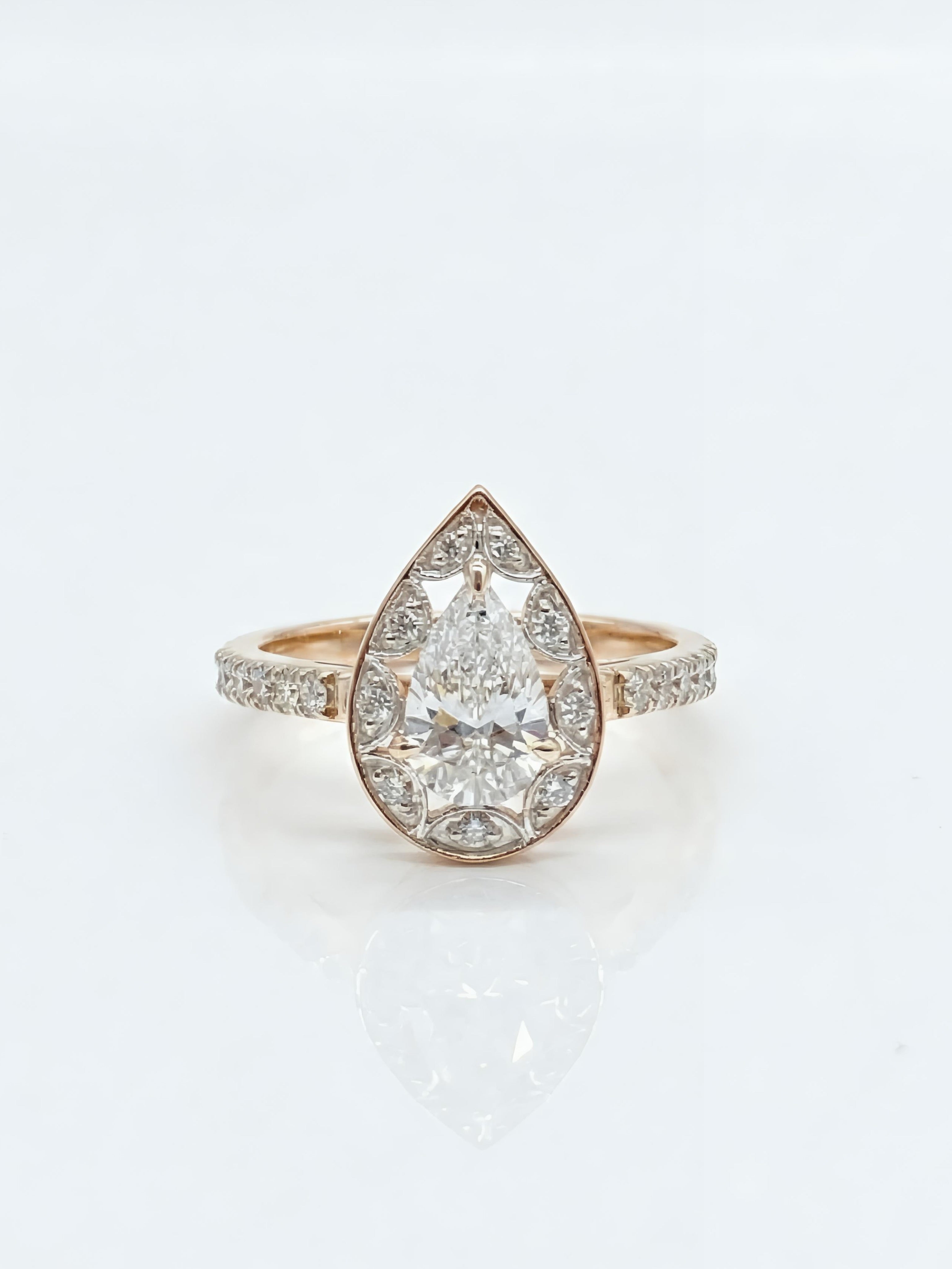 Triumph 1ct Pear Lab Diamond Halo Ring in 14K Rose Gold | Fiona Diamonds