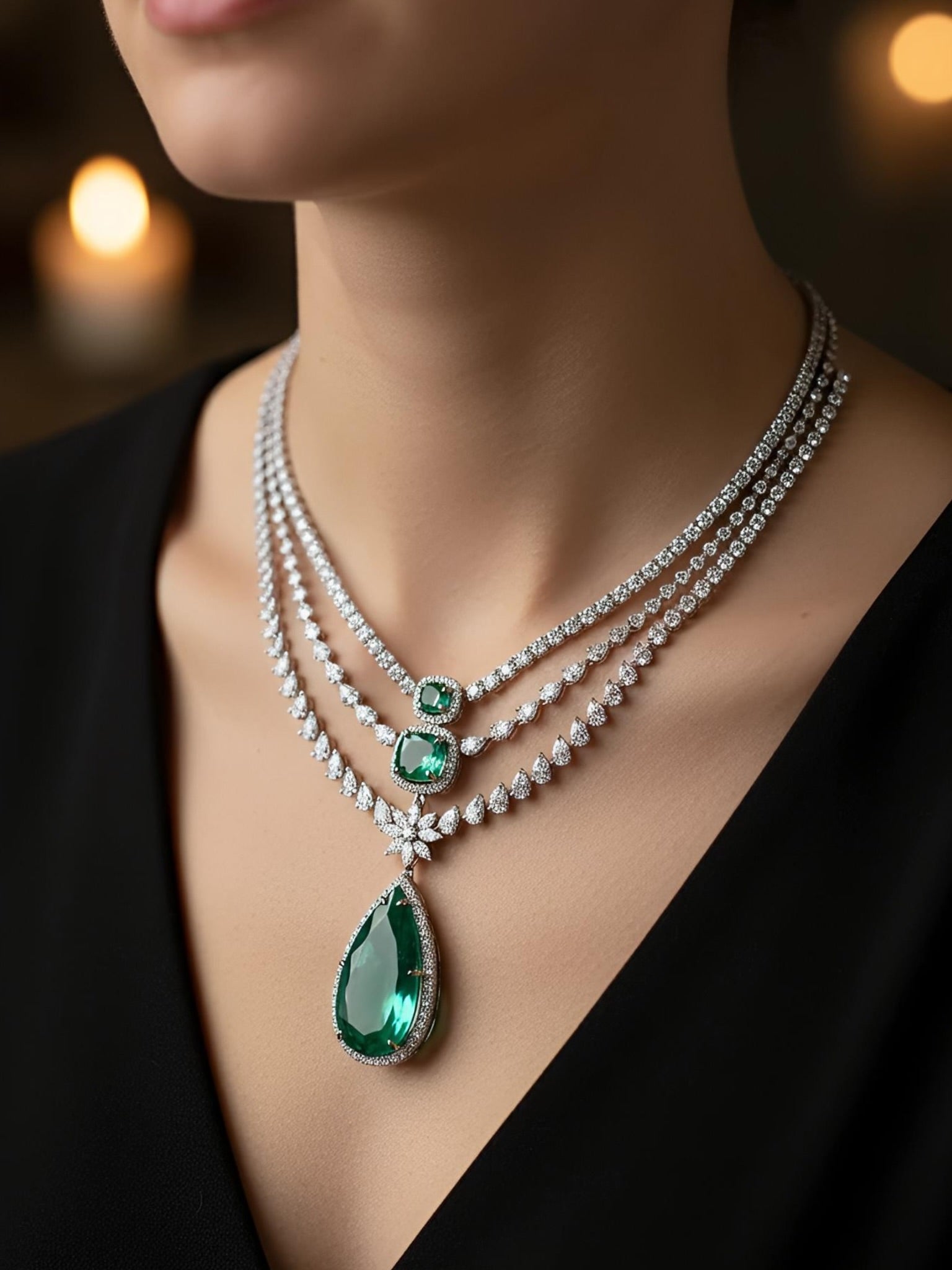 Side view of Radiant Ember Pear Lab Diamond Designer Necklace in 14K White Gold - Fiona Diamonds