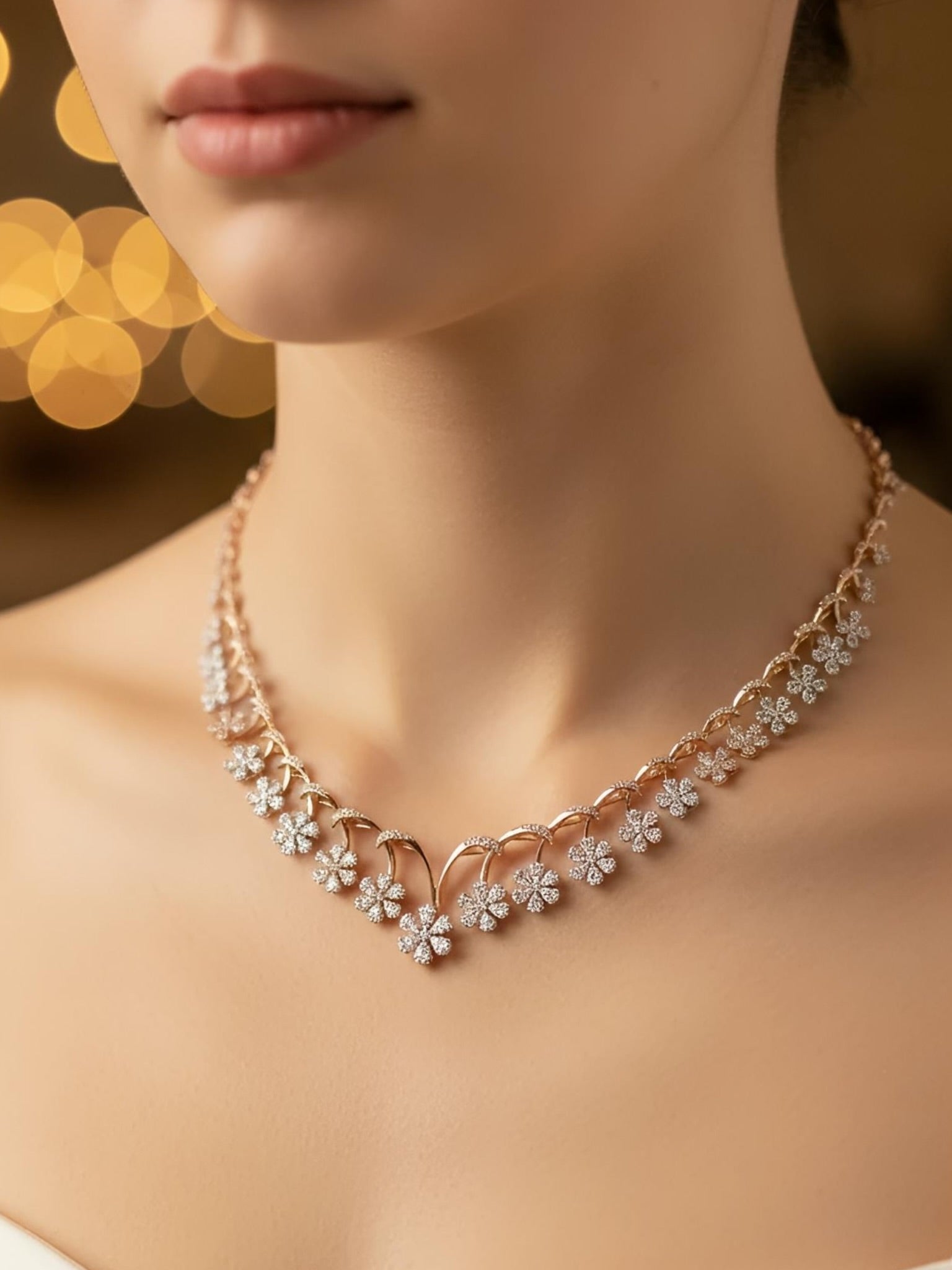 Side view of Mystic Embrace Pear Lab Diamond Designer Necklace in 18K Rose Gold - Fiona Diamonds