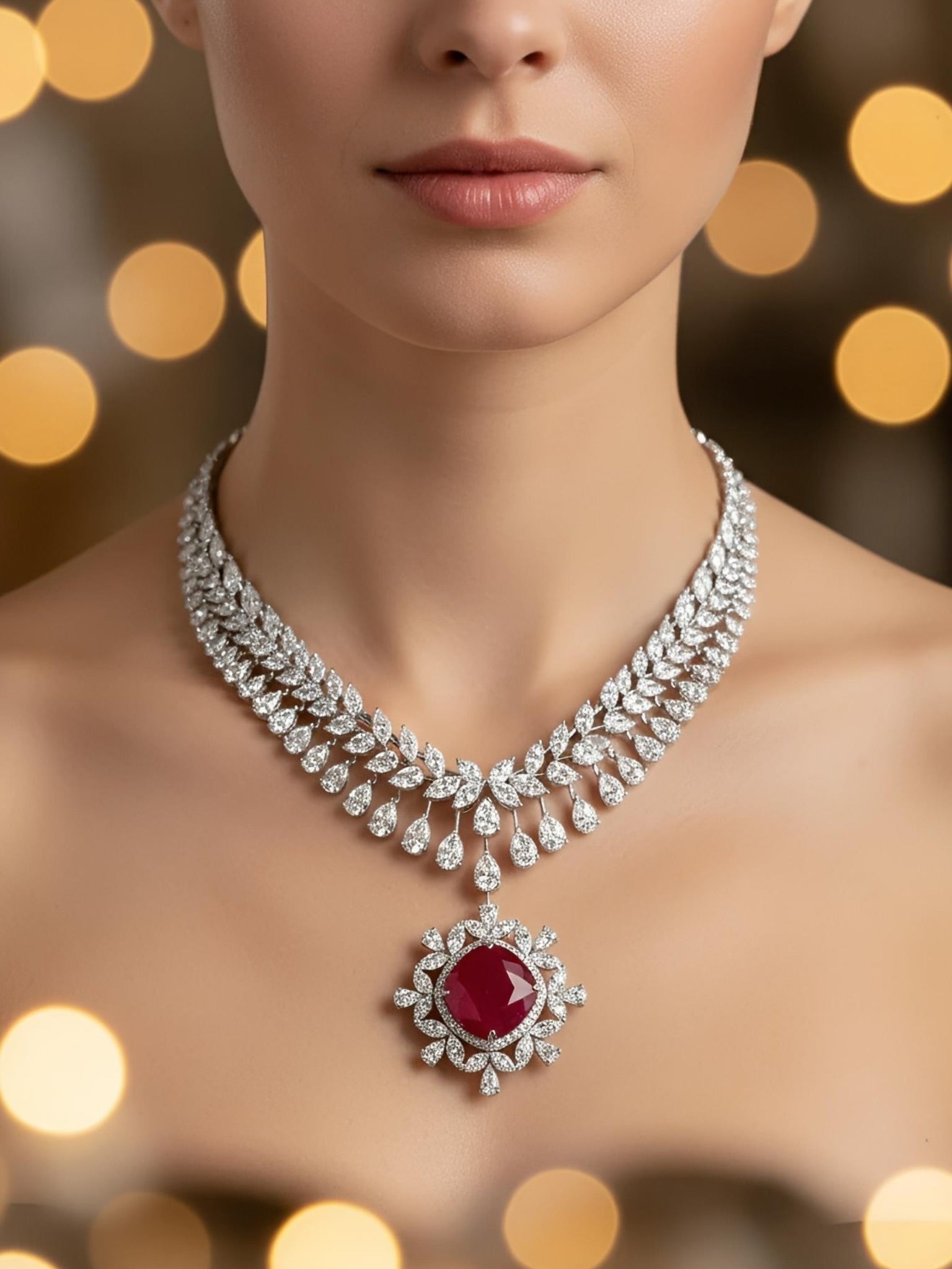 Side view of Crystal Mirage Pear Lab Diamond Designer Necklace in 14K White Gold - Fiona Diamonds