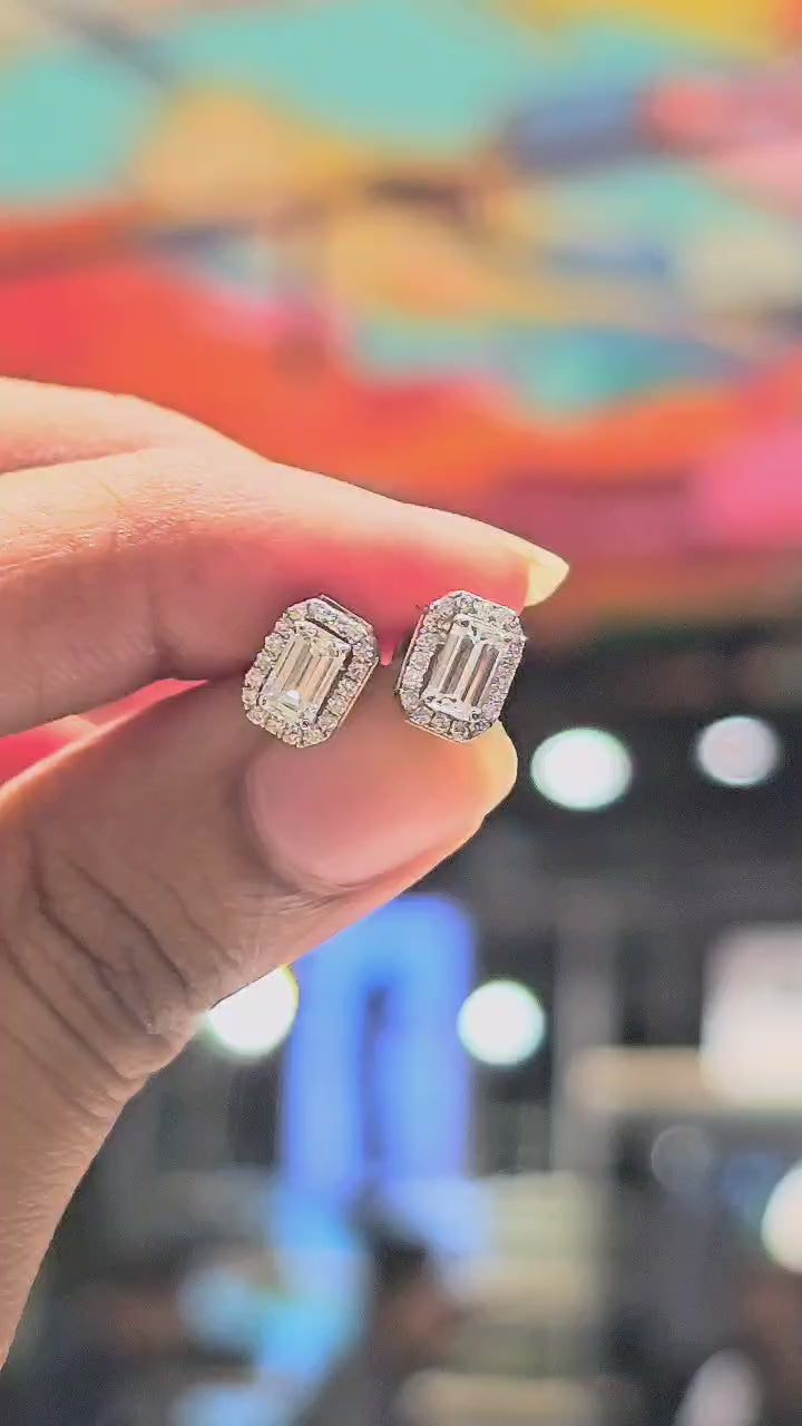 Load video: Broadway 0.62ct Emerald Pointer Halo Lab Diamond Detachable Earrings