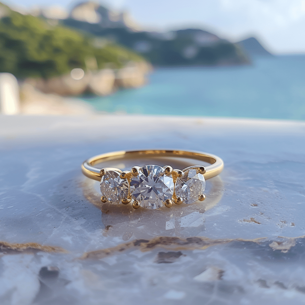 Arena lab grown diamond ring with threes solitaires and thin band design Fiona Diamonds