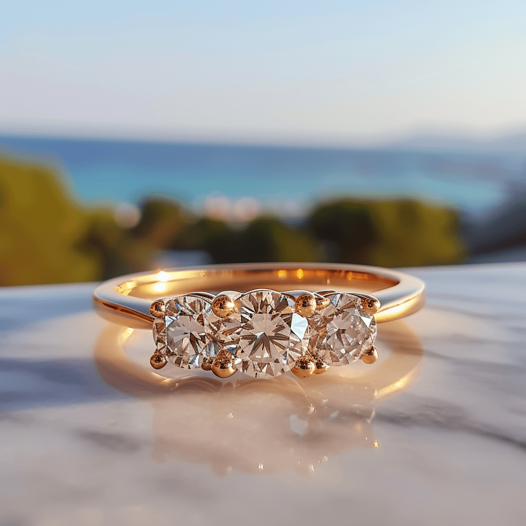 Aksha lab grown diamond ring with threes solitaires and thin band design Fiona Diamonds