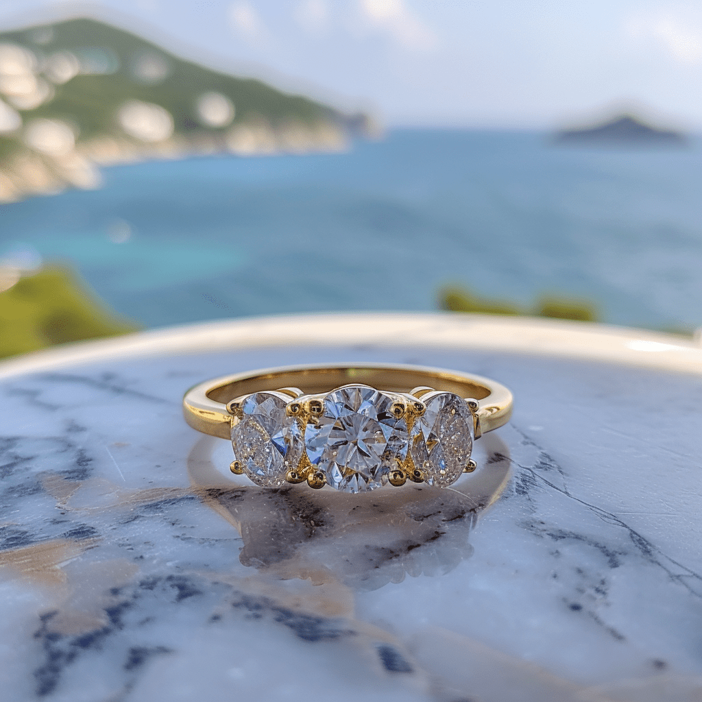 Azaa lab grown diamond ring with threes solitaires and thin band design Fiona Diamonds