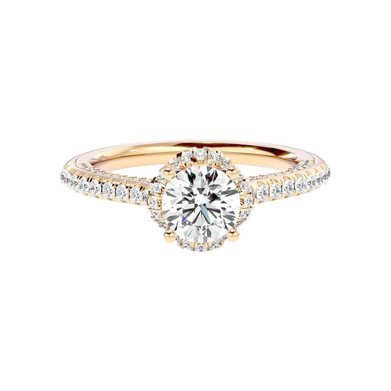 Load image into Gallery viewer, Solitaire Engagement Lab Diamond Ring 18 Karat Yellow Gold Triumph 60 Pointer Halo Lab Diamond Ring Fiona Diamonds
