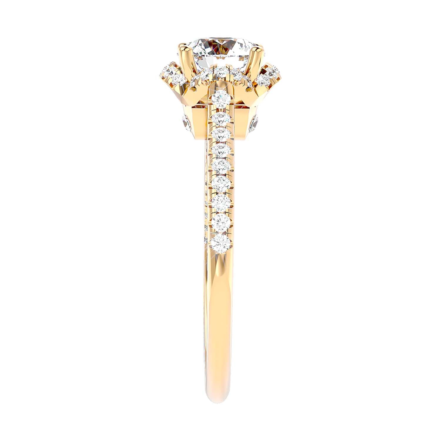 Solitaire Engagement Lab Diamond Ring 18 Karat Yellow Gold Triumph 60 Pointer Halo Lab Diamond Ring Fiona Diamonds
