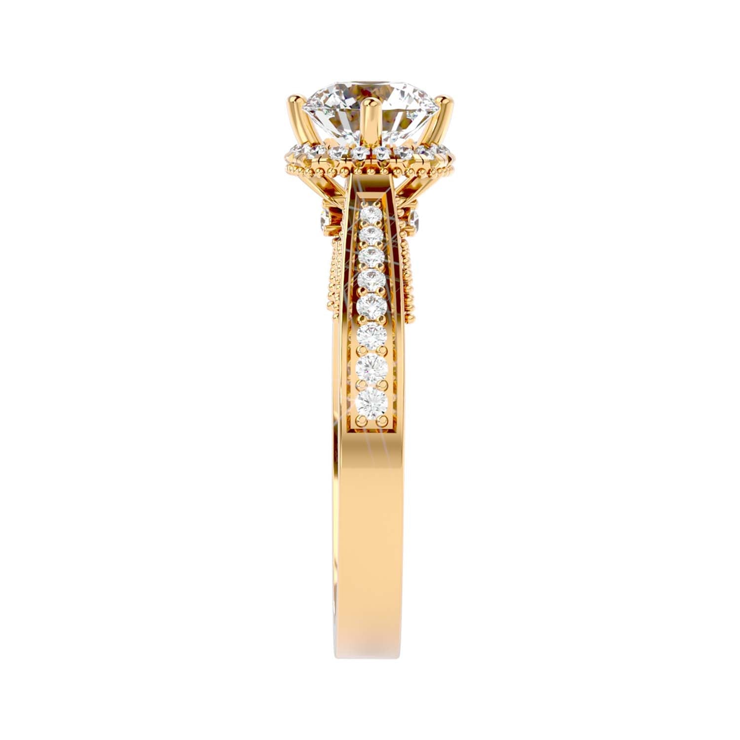Solitaire Engagement Lab Diamond Ring 18 Karat Yellow Gold Jane 60 Pointer Halo Lab Diamond Ring Fiona Diamonds