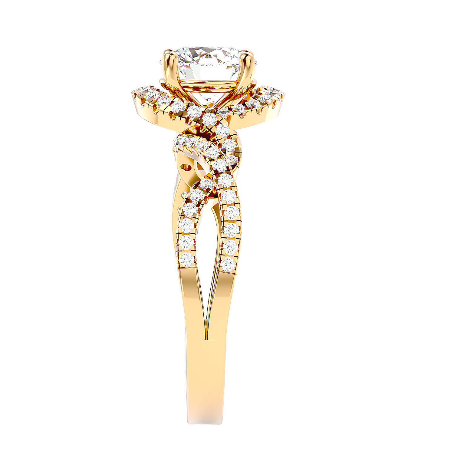 Solitaire Engagement Lab Diamond Ring 18 Karat Yellow Gold Twirl 69 Pointer Halo Lab Diamond Ring Fiona Diamonds